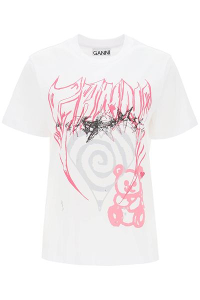 Ganni T Shirt With Abstract Print In White