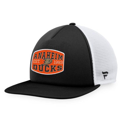 Fanatics Branded Black/white Anaheim Ducks Foam Front Patch Trucker Snapback Hat In Black,white