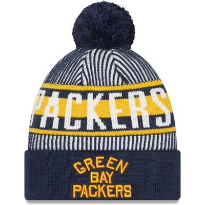 New Era Navy Green Bay Packers Striped Cuffed Knit Hat With Pom