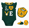 OUTERSTUFF NEWBORN & INFANT GREEN/GOLD OAKLAND ATHLETICS THREE-PIECE LOVE OF BASEBALL BIB BODYSUIT & BOOTIES SE