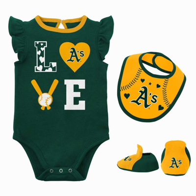 Outerstuff Babies' Newborn & Infant Green/gold Oakland Athletics Three-piece Love Of Baseball Bib Bodysuit & Booties Se In Green,gold