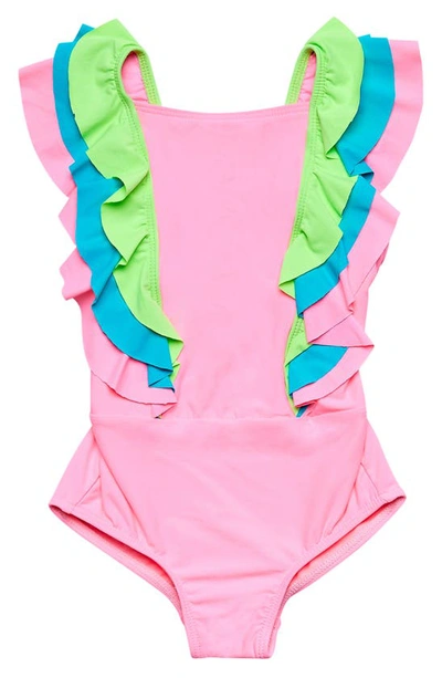 Beach Lingo Kids' Sunsets Ruffle One-piece Swimsuit In Punch