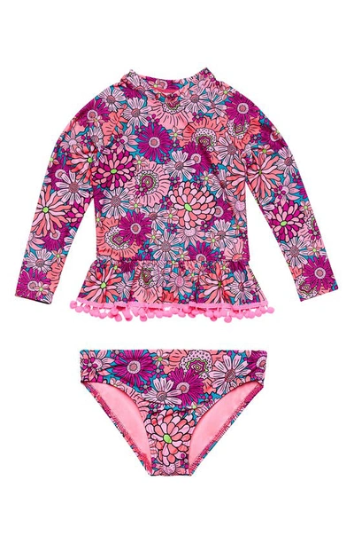 Beach Lingo Kids' Pompom Two-piece Rashguard Swimsuit In Pink Multi