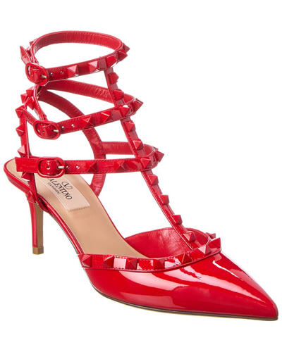 Valentino Garavani Rockstud Caged 65 Patent Ankle Strap Pump In Red