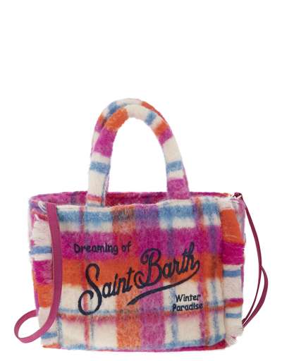 Saint Barth Mc2 Designer Handbags Wooly Colette Handbag With Fringes And Tartan Pattern In Blanc
