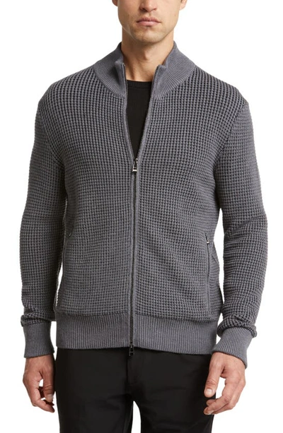 Hugo Boss Mock-neck Waffle-knit Cardigan In Grey