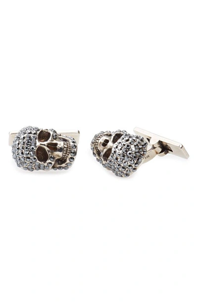 Alexander Mcqueen Pavé Crystal Skull Cufflinks In A.silver/ Jet Hem