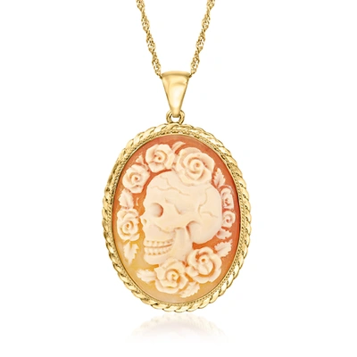 Ross-simons Italian Orange Shell Floral Skull Cameo Pendant Necklace In 18kt Gold Over Sterling In Pink