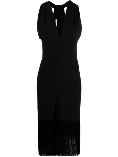 Ferragamo V-neck Fringed Midi Dress In Black