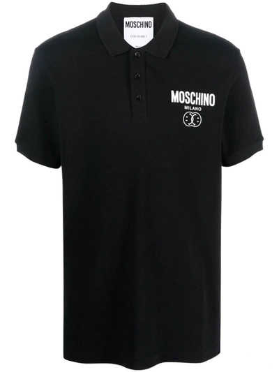 Moschino Logo-patch Short-sleeve Cotton Polo Shirt In Black
