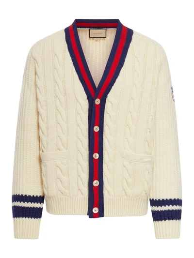 Gucci Web Stripe Cable-knit Wool Cardigan In White