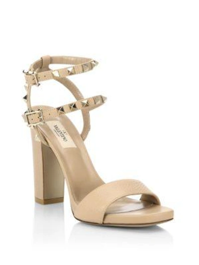 Valentino Garavani Rockstud Leather Ankle-strap Sandals In Camel Rose