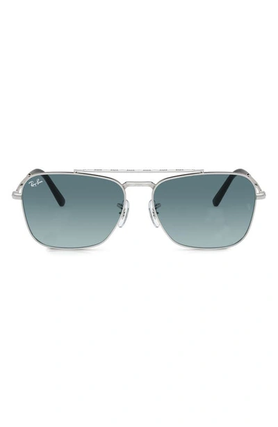 Ray Ban New Caravan Sunglasses Silver Frame Blue Lenses 55-15