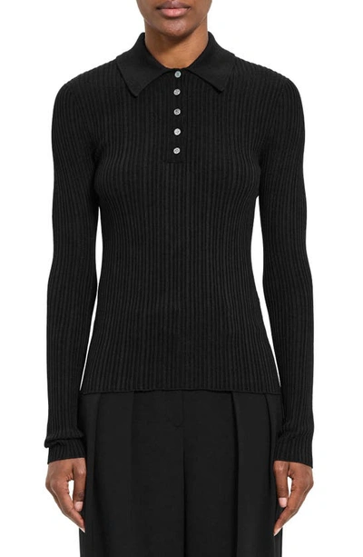 Theory Women's Wool-blend Rib-knit Slim-fit Polo Shirt In Blk