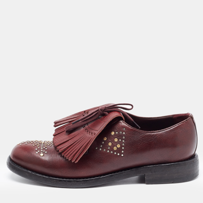Pre-owned Burberry Burgundy Studded Leather Ampney Fringe Detail Oxfords Size 37.5