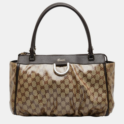 Pre-owned Gucci Brown Canvas Gg Crystal Abbey D-ring Tote Bag