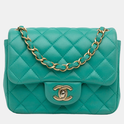 Pre-owned Chanel Green Mini Classic Square Lambskin Single Flap Bag