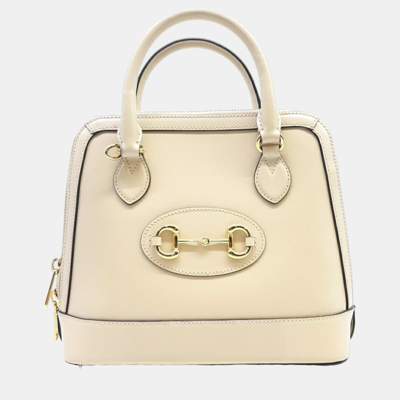 Pre-owned Gucci White Leather 1955 Horsebit Small Top Handle Bag In Beige