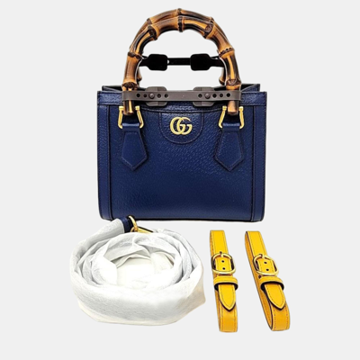 Pre-owned Gucci Blue Leather Mini Diana Tote Bag In Navy Blue