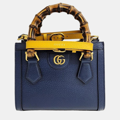 Pre-owned Gucci Blue Leather Mini Diana Tote Bag In Navy Blue