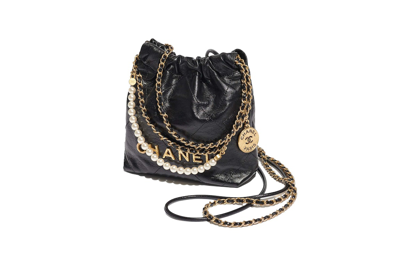 Pre-owned Chanel 22 Handbag Mini 23s Shiny Crumpled Calfskin Black With Pearl Chain