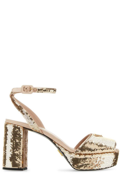 Prada Sequinned Block Heeled Platform Sandals In Gold