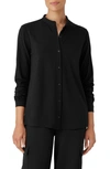 Eileen Fisher Band-collar Button-down Jersey Shirt In Black