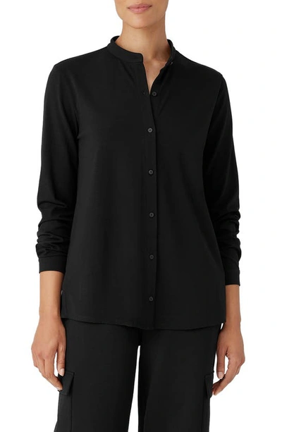 Eileen Fisher Band-collar Button-down Jersey Shirt In Black