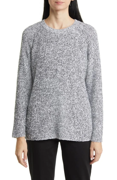 Eileen Fisher Crewneck Boucle Organic Cotton Sweater In White/ Black