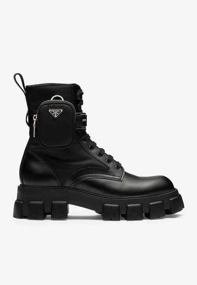 Prada Ankle Lace-up Boots With Pouch In Black