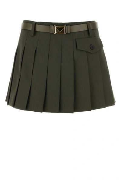 Prada Pleated Gabardine Leather Belted Mini Skirt In Green