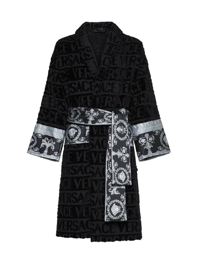 Versace Black Barocco-panelled Cotton Dressing Gown