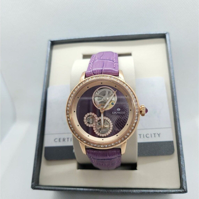 Pre-owned Empress Tatiana Automatic Semi-skeleton Leather Watch Women's, Purple, Empem2905