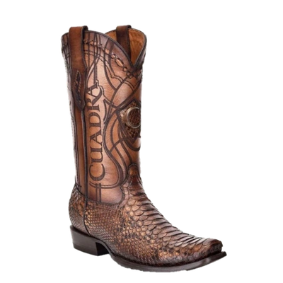 Pre-owned Cuadra Men's Engraved Python Honey Brown Western Boots Cu401