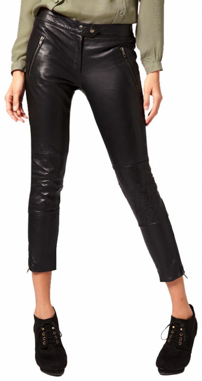 Pre-owned Handmade Womens Lambskin Leather Pants Cropped Slim Fit Leggings Motorcycle Pants Wlp40 In Black