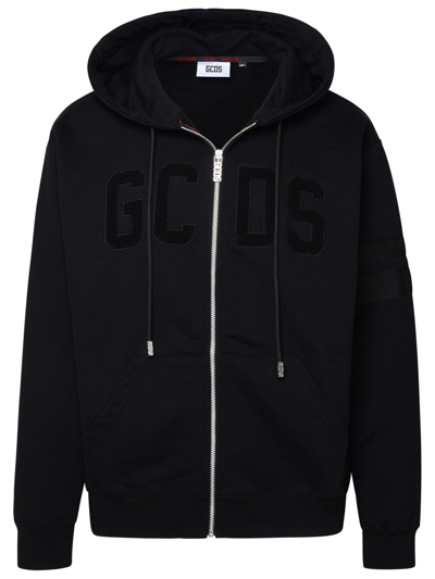 Gcds Logo Flocked Zipped Hoodie In Nero