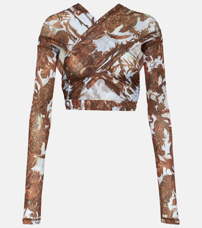 Knwls Floral-print Crossover Cropped Top In Brown