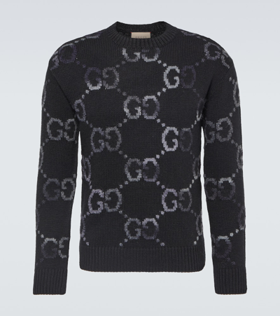 Gucci Wool Sweater With Gg Intarsia In Black