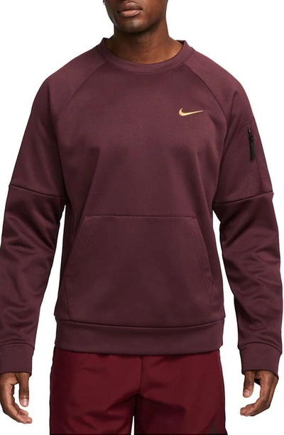 Nike Men's Therma-fit Crewneck Long-sleeve Fitness Shirt In Night Maroon/ Melon Tint