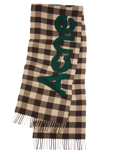 Acne Studios Logo Checked Wool-blend Scarf In Brown