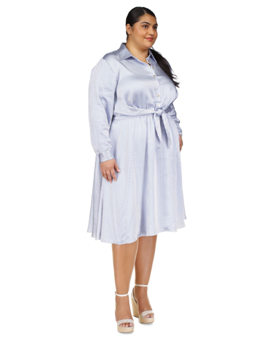 Michael Kors Michael  Trendy Plus Size Pinstriped Satin Shirtdress In Blueberry