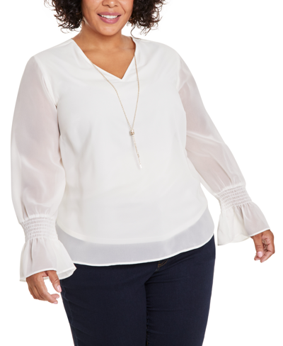 Jm Collection Plus Size Smocked-sleeve Necklace Top, Created For Macy's In Neo Natural