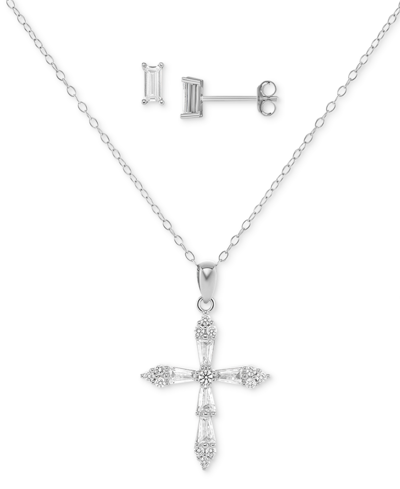 Giani Bernini 2-pc. Set Cubic Zirconia Cross Pendant Necklace & Baguette Stud Earrings In Sterling Silver, Created