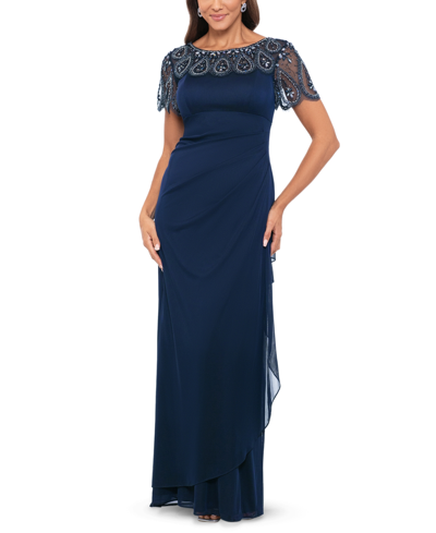 Xscape Women's Bead Embellished Short-sleeve Gown In Navy