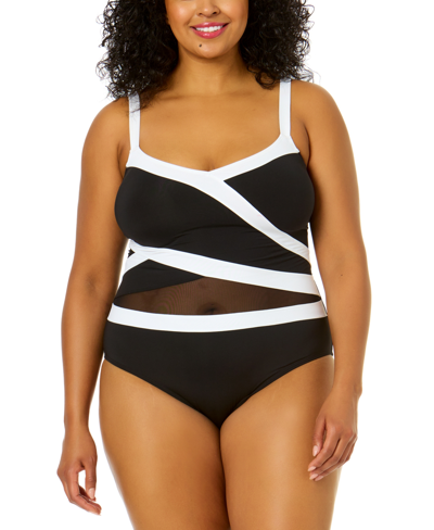Anne Cole Plus Size Contrast-trim Mesh-insert One-piece Swimsuit In Meshing Around