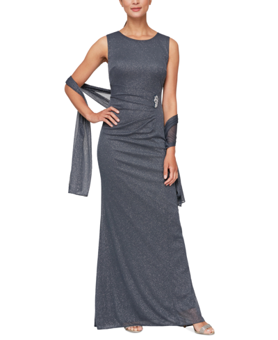 Sl Fashions Petite Round-neck A-line Dress With Wrap In Smoke