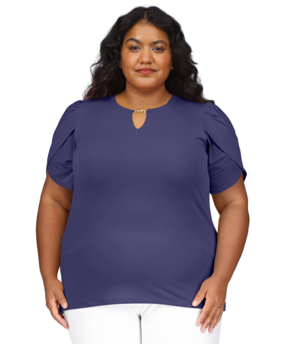 Michael Kors Michael  Plus Size Petal-sleeve Keyhole Top In Midnight Blue