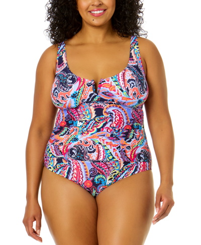 Anne Cole Plus Size Notched Scoop-neck One-piece Swimsuit In Paisley Parade