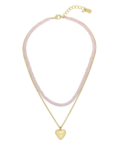 Robert Lee Morris Soho Faux Stone Puffy Heart Layered Necklace In Rose Quartz,gold