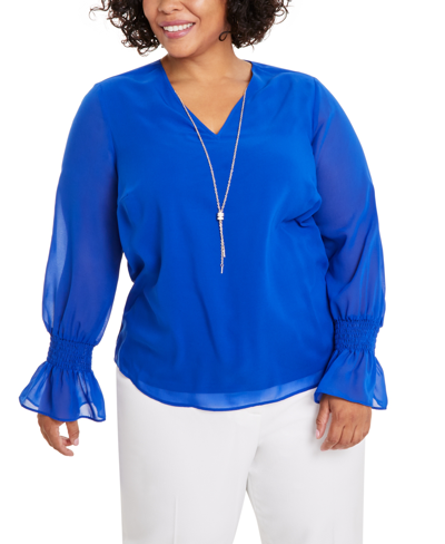 Jm Collection Plus Size Smocked-sleeve Necklace Top, Created For Macy's In Modern Blue